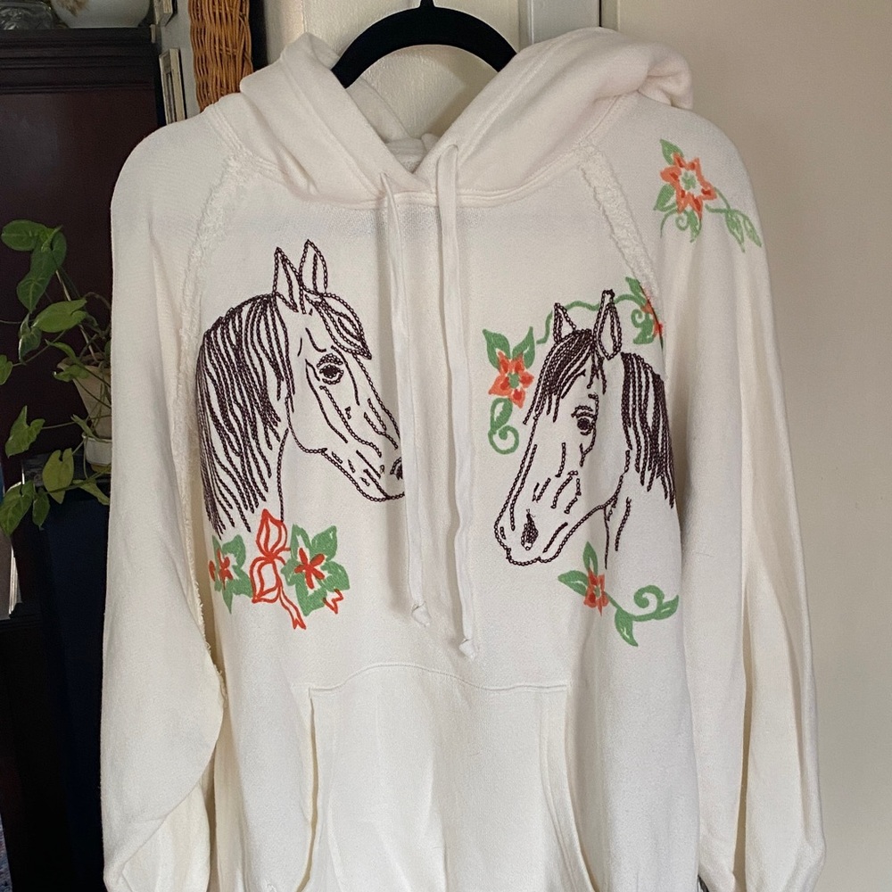 Free People oversized Ivory Hoodie with adorable horse and floral detail